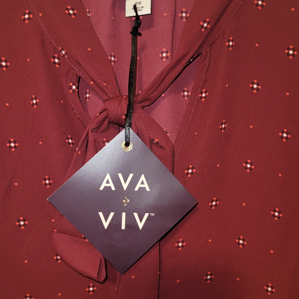 Ava & Viv Burgundy Tie-Neck Blouse with Tiny Cross Dot Print - Picture 5 of 7